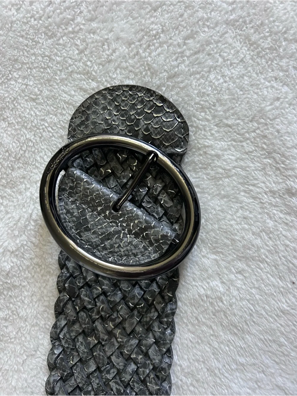 Silver Woven Statement Wide Belt with Oval Buckle Leather Adjustable